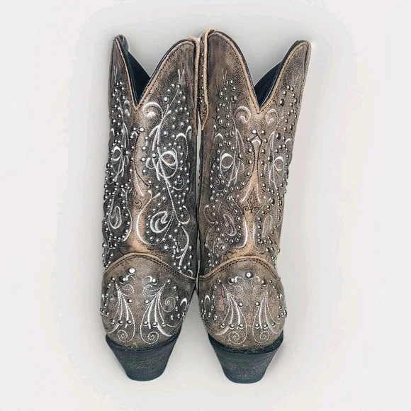 ROCKIN COUNTRY Womens Brown Leather Silver Studded Western Pull On Boots Sz 11M - Picture 6 of 8